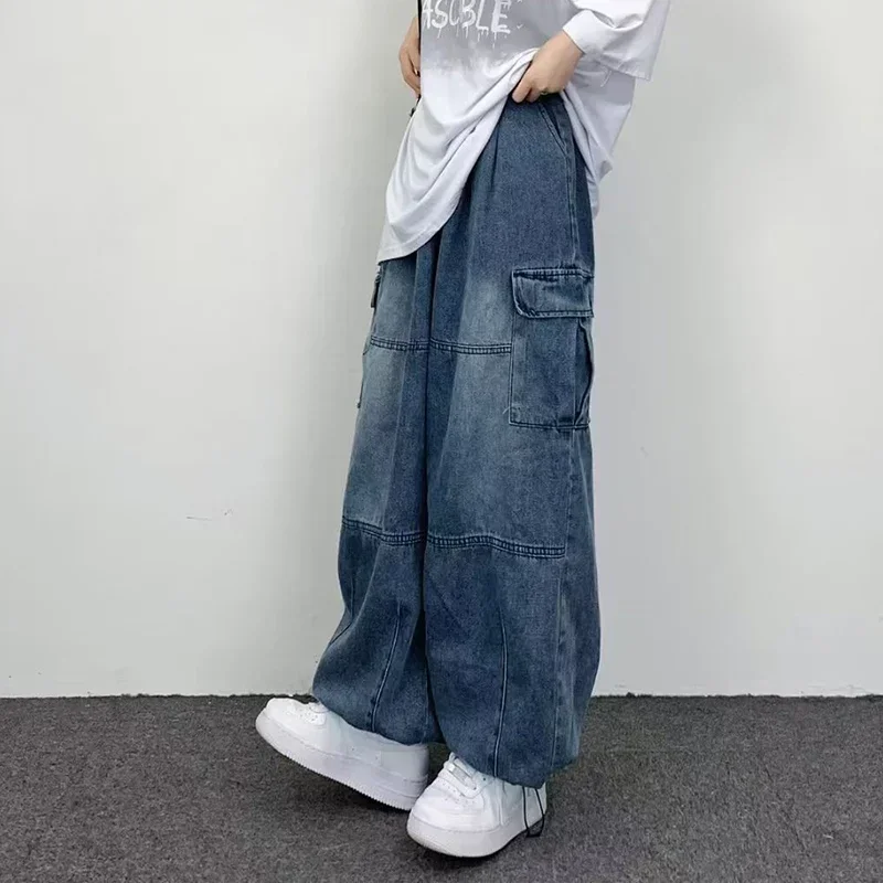 Mężczyźni New Street Vintage Jeans Męskie kombinezony z szerokimi nogawkami i dużymi kieszeniami Y2K Neutralne luźne proste nogawki Casual High Street Hip Hop Pants