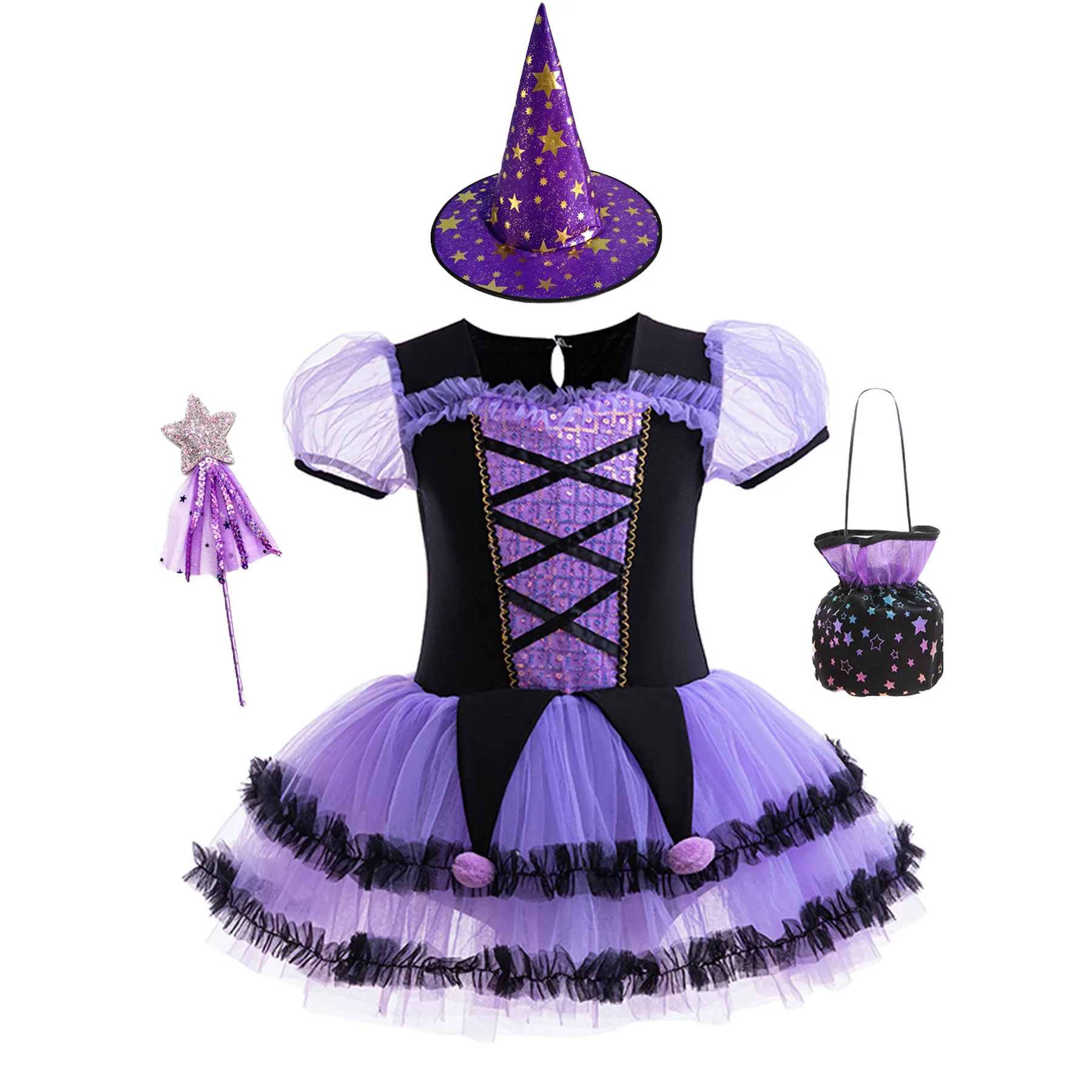 

Kids Witch Dress Set Purple Tulle Dress with Hat Wand Bag for Halloween Birthday Christmas Party Puff Skirt Girl Princess
