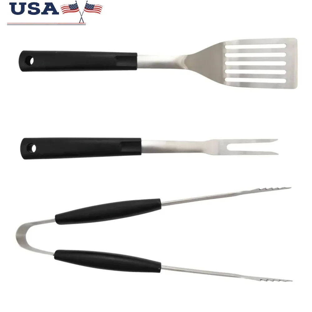 

3 Piece Stainless Steel BBQ Grill Set Fork Tongs Spatula Durable Non Slip Handles Perfect Summer Cookouts