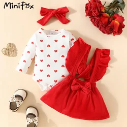 MiniFox Baby Girls Clothing Heart Printed Bodysuit and Red Corduroy Skirts 3pcs Newborn Birth Sets For Baby Girls