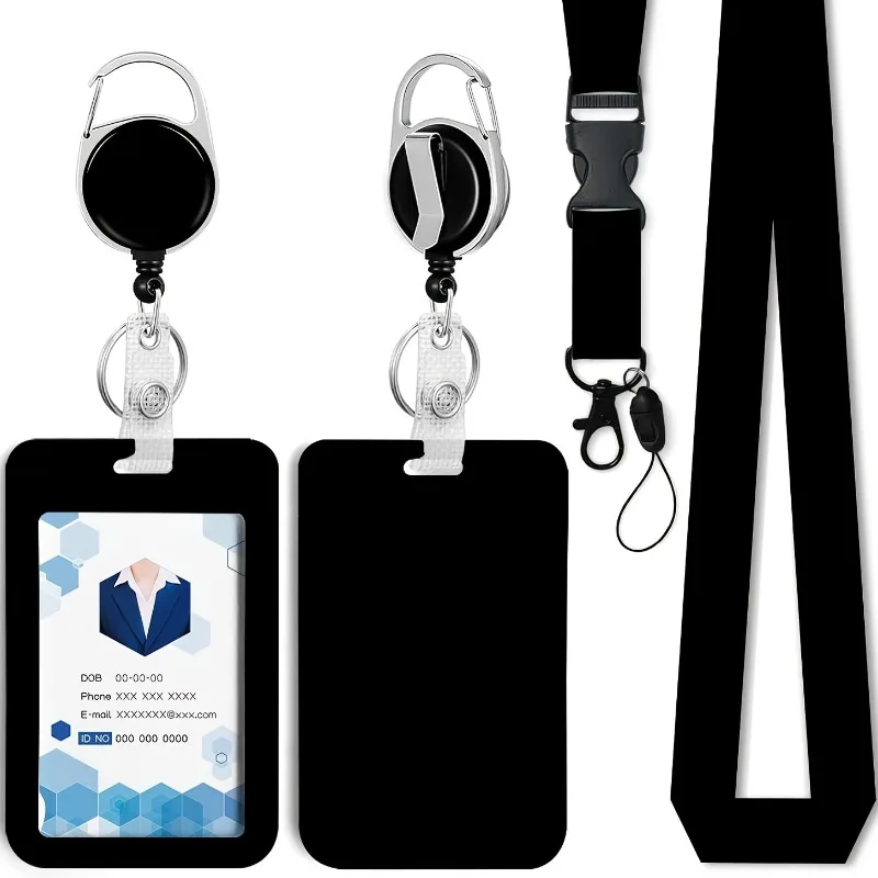1set Black Retractable Badge Reel with Detachable Lanyard ID Credit Card Holder for Access Card Employee Badge Key & Meal Card