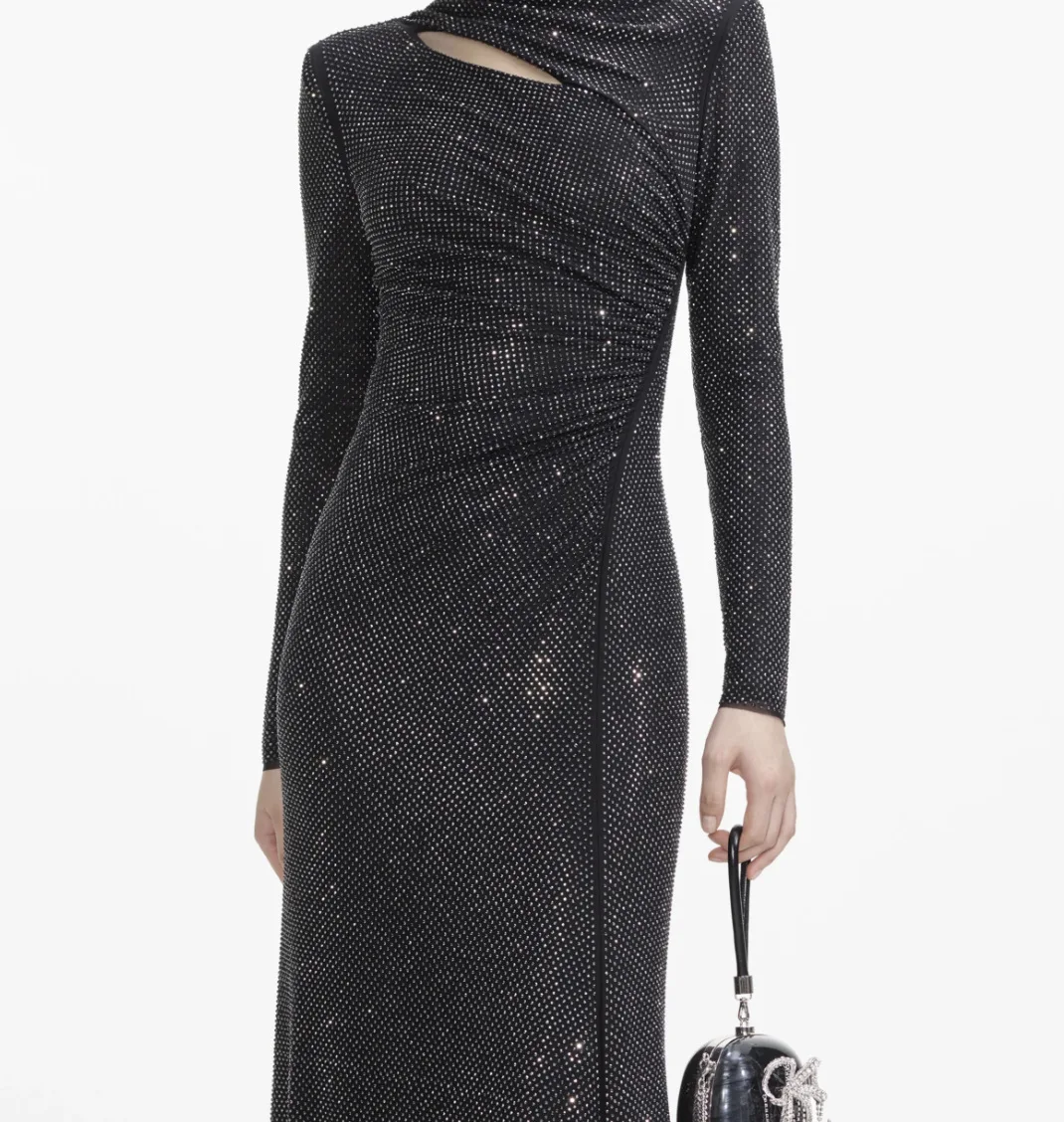 2026年新作 レディース セレブ風 セクシー 長袖 Oネック カットアウト ビーズ装飾 ブラック ミディ丈 ボディコン ドレス エレガント イブニング クラブ パーティー 衣装
