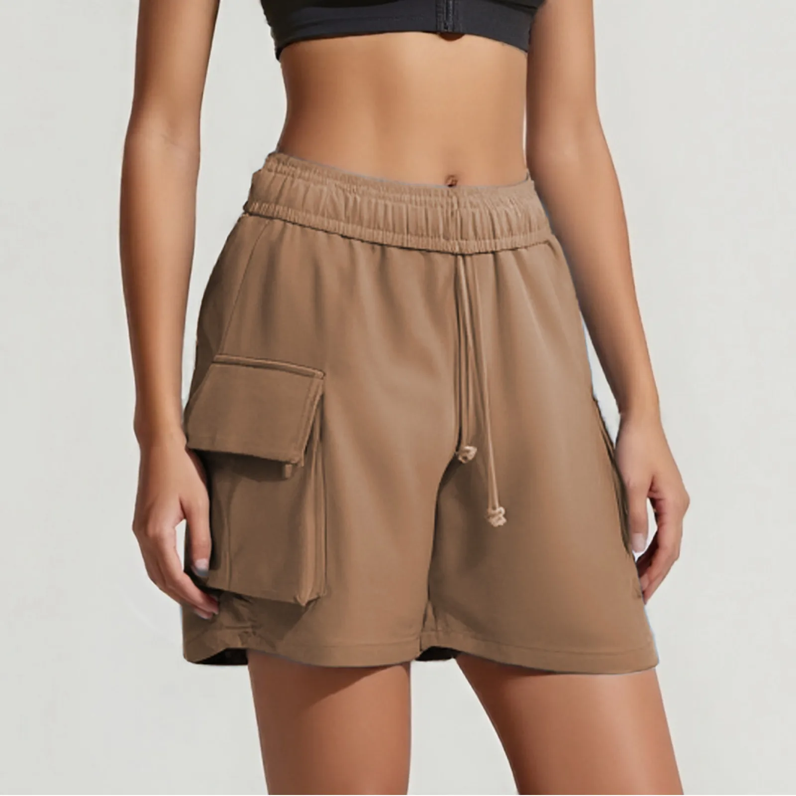 

Womens Summer Thin Cargo Shorts Pockets Drawstring Casual Shorts Solid Color High Waist Hot Pants Loose Wide Leg Sports Shorts