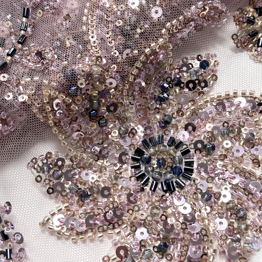 

High Quality Regular Floral Beaded Tube Embroidery Lace Fabric French Tulle Mesh Fabric 2026 For Elegant Party Dress Sewing