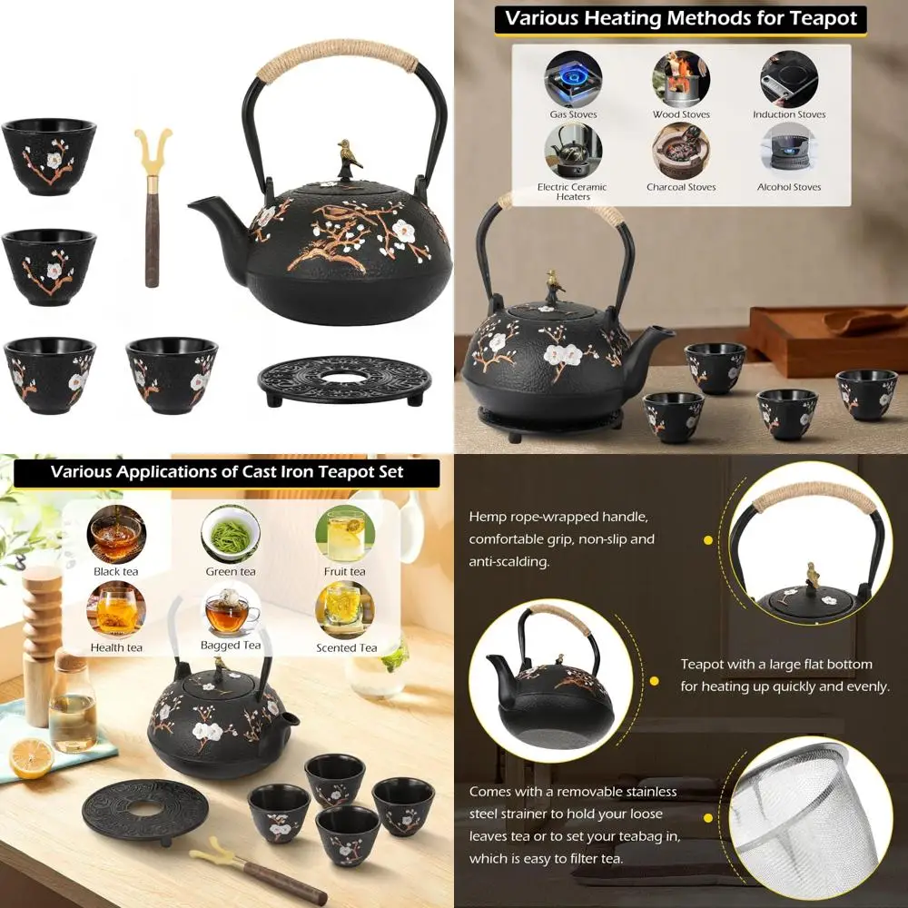 

Японский чугунный чайник 1200 мл с 4 чашками и заварочным устройством, традиционный чайный сервиз для настоящего пивоварения