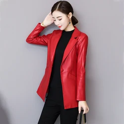 Novo Mulheres Casaco de Couro Outono Inverno Moda Clássico Botão único Slim Blazer em pele de ovelha Primavera Roupa exterior Tamanho M-5XL