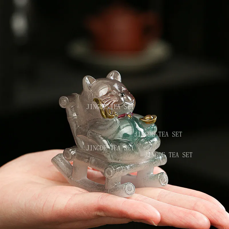 Resin Discoloration Lucky Cat Tea Pet Cute Swinging Chair Desktop Decoration Tea Playing Small Ornament Tea Ceremony Accessories