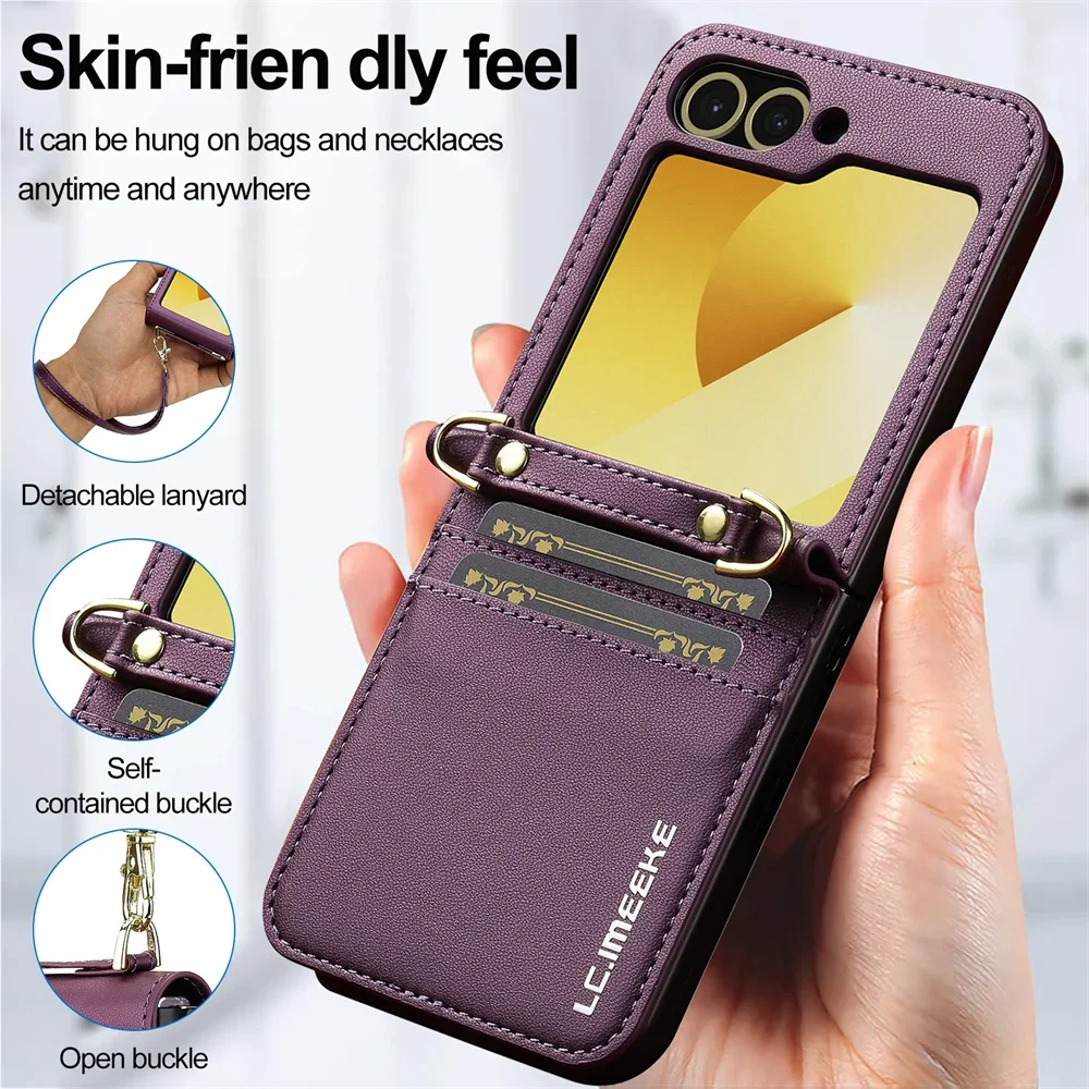 Funda de teléfono tipo billetera cruzada para Samsung Galaxy Z Flip 7 FE 6 5 4 3 Flip6 Flip7 5G con tarjetero correa para la muñeca cordón de cuero