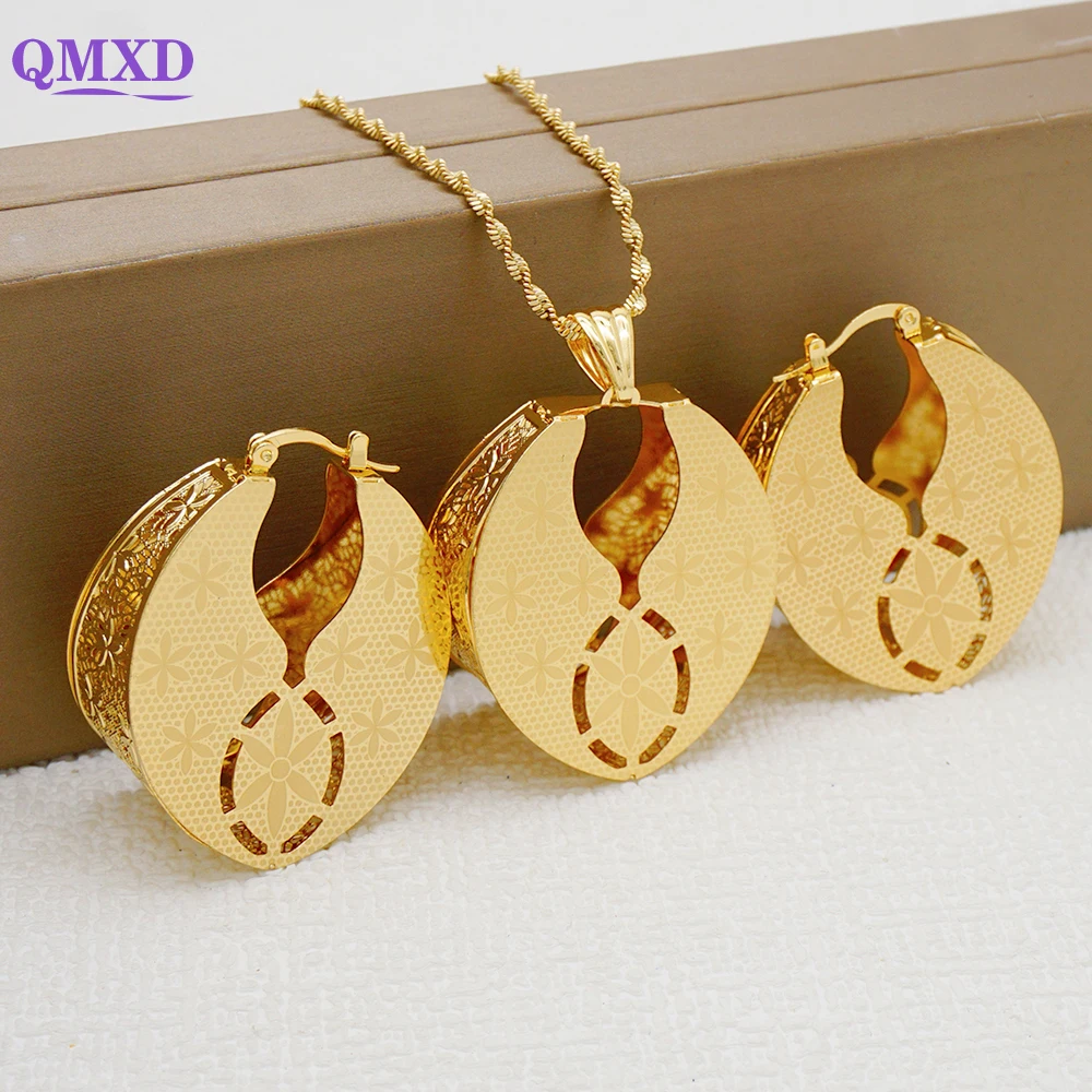 

Fashion Gold Color Necklace Hollow Pendant Copper Earrings Sets For Women Morocco Jewelry African Sets Wedding Gifts