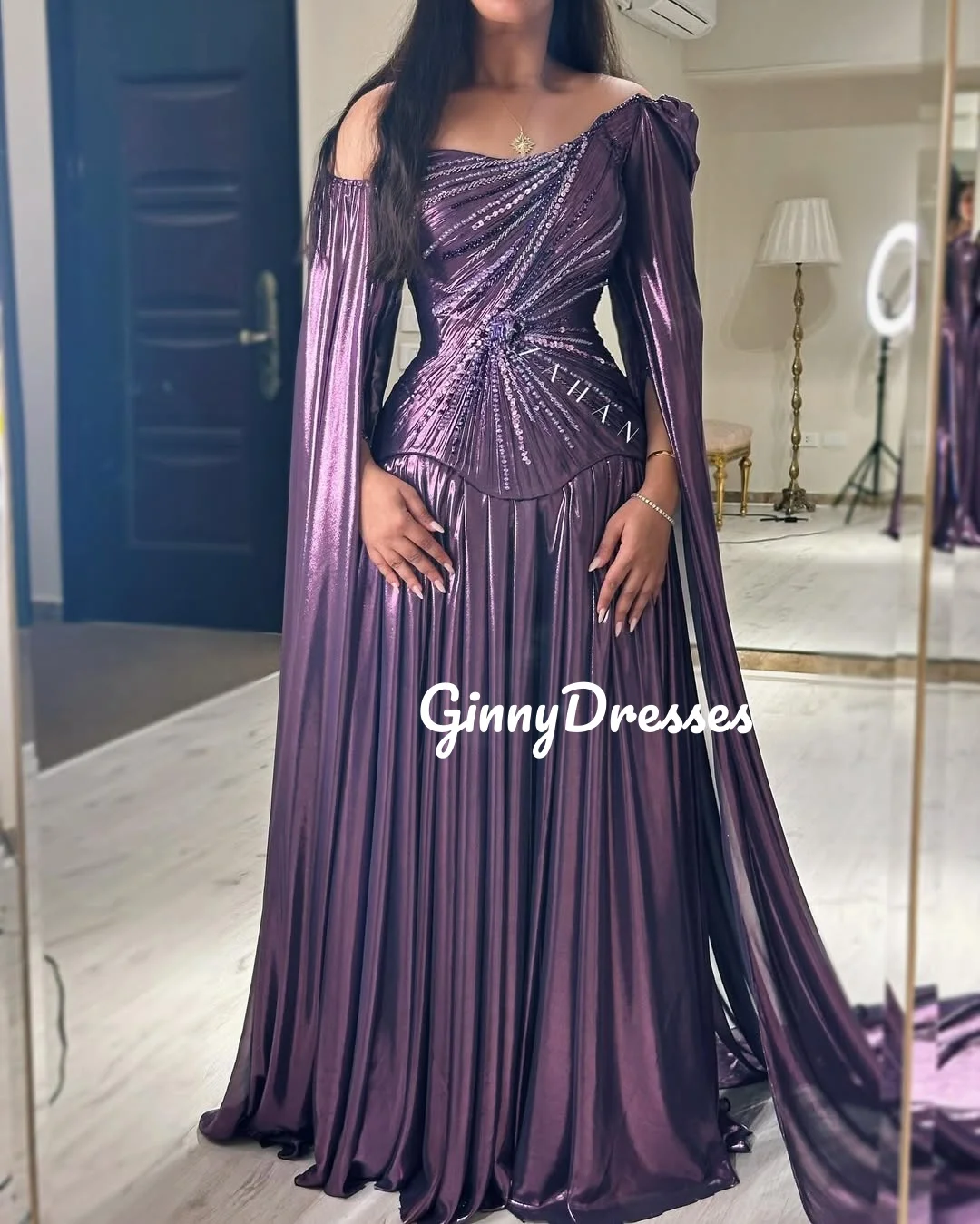 Customized Vestidos De Fiesta Dia A-Line One-Shoulder Floor-Length Evening Dress Ruffle Beadings Long Sleeves Zipper Up Dresses