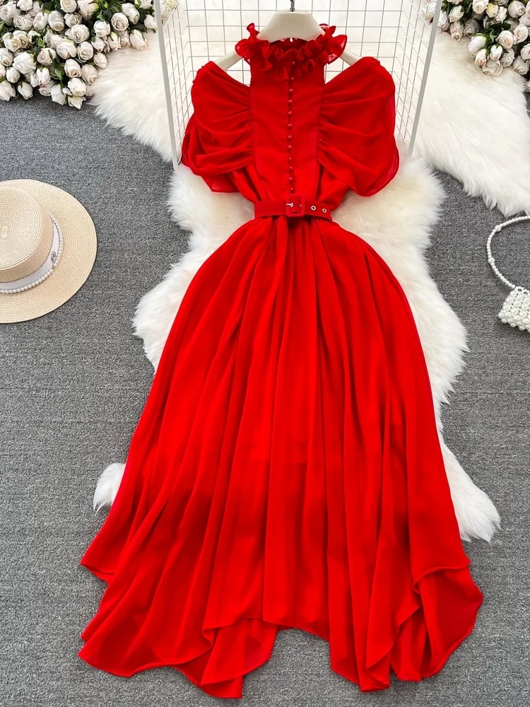 فستان شيفون أنيق بقصة A مع كتف مكشوف وخصر ضيق وطيات نحيفة وياقة عالية للنساء في العشرينات للارتداء في الصيف