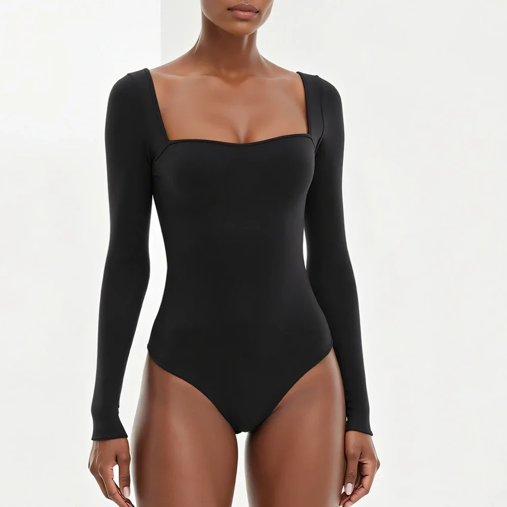 جمبسوت نسائي مناسب لجميع المواسم، أساسيات نحيفة بدون ظهر، لون سادة، أكمام طويلة، رقبة مربعة، جمبسوت كاجوال قصير