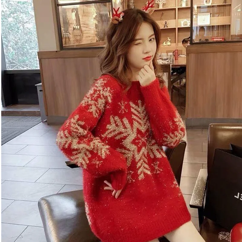 

Kawaii модные топы для девочек, студенческие повседневные женские топы с героями мультфильмов, красный рождественский свободный свитер с длинными рукавами в ленивом стиле, женский осенний свитер