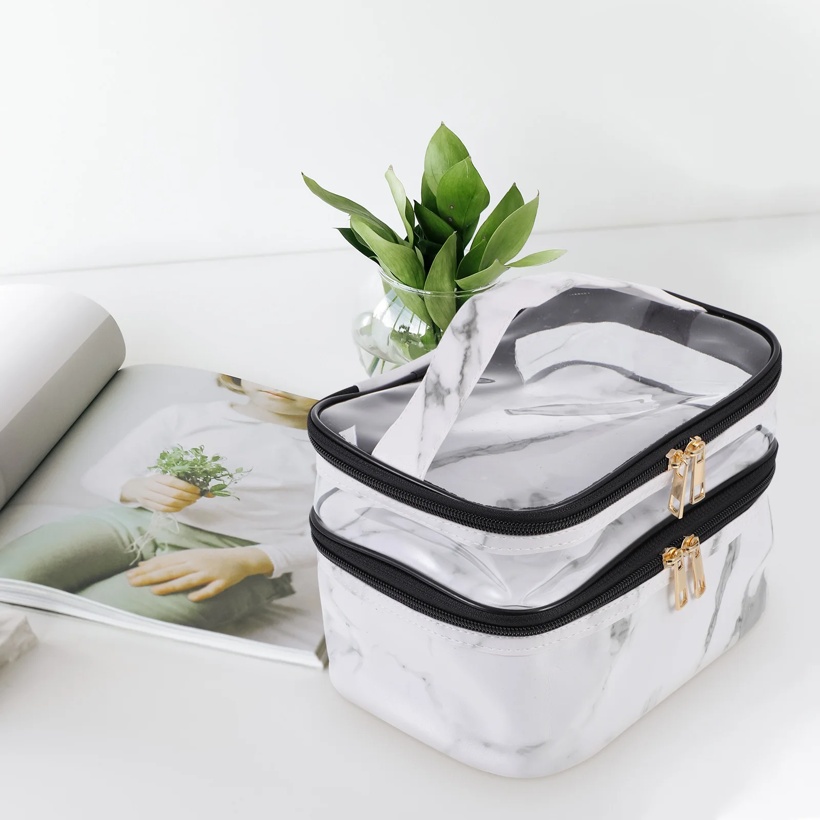 

1pc Premium Marble Bag Large Travel Makeup Organizer Waterproof Storage Pouch Zipper Toiletries Brushes