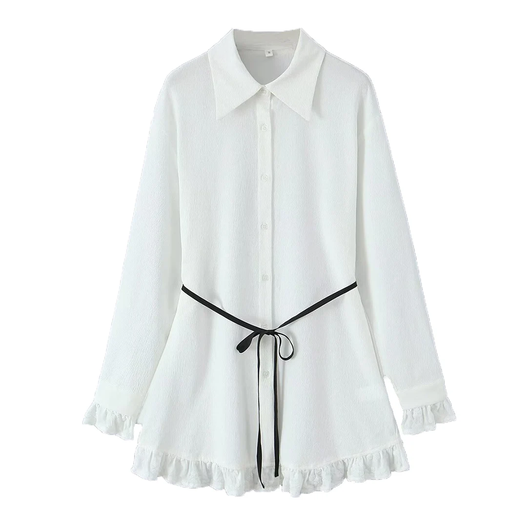 

Topenomi White Long Sleeve Shirt Women 2025 Autumn Lapel Patchwork Ruffled Lace Up Waist Tops Elegant Single Breasted Blouses