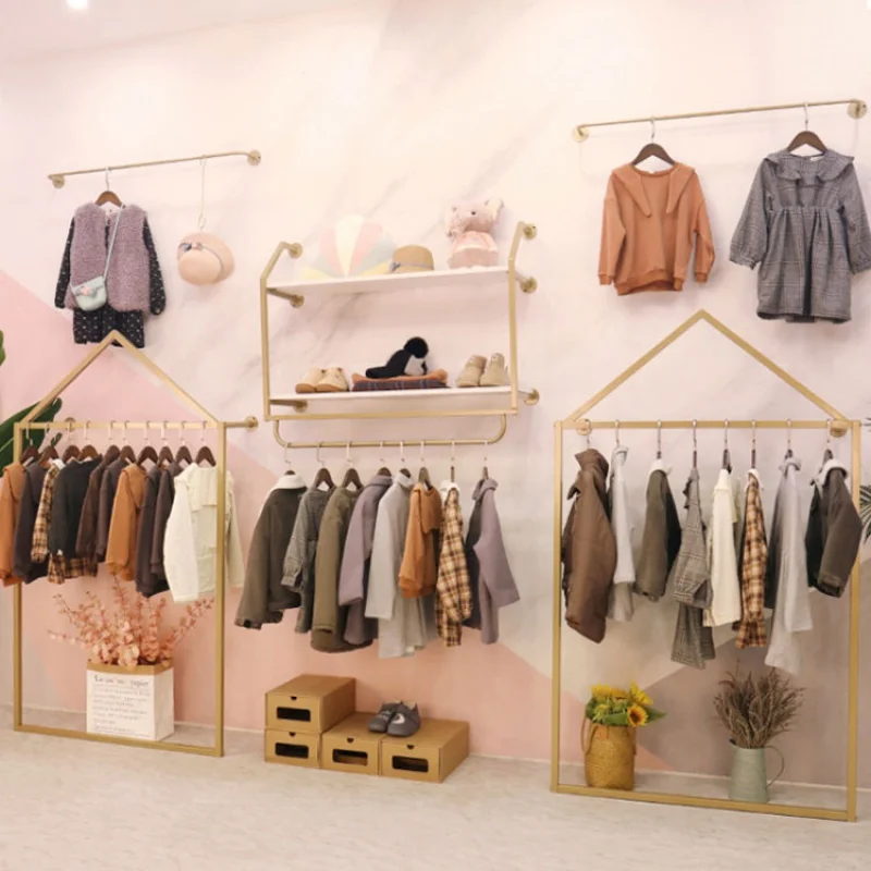 custom，Clothing Shop Fittings Interior Design Gold Wall Mounted Garment Metal Display Stand Hanging Rack Shelves