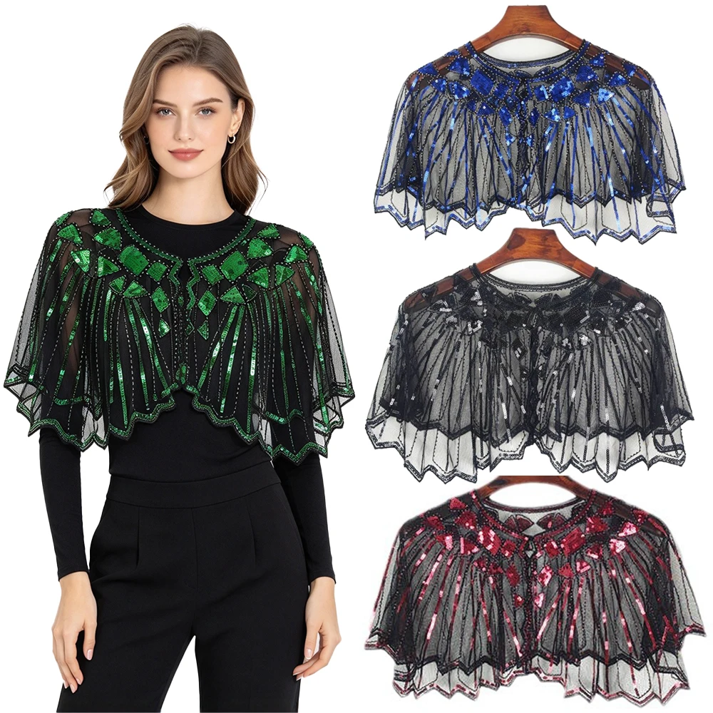 Women Shawl Sequin Tulle Beaded and Sequined Evening Dress Vintage Cape Mini Vest Carnival Halloween Evening and Party Dresses
