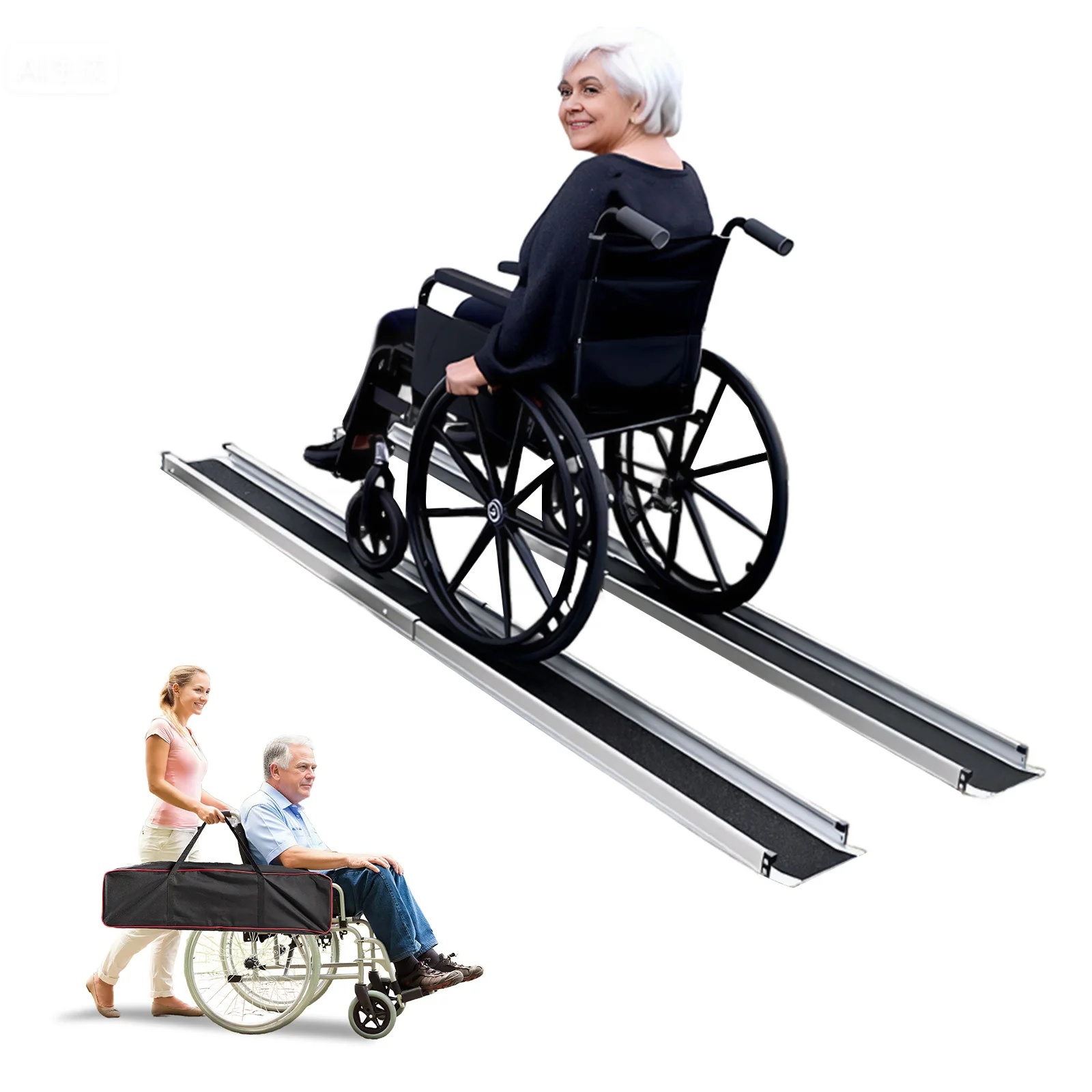 8FT Adjustable Aluminum Folded Handicap Ramp Portable Door Threshold Wheelchair Ramps Non-Slip 661 LBS Capacity for Home Steps