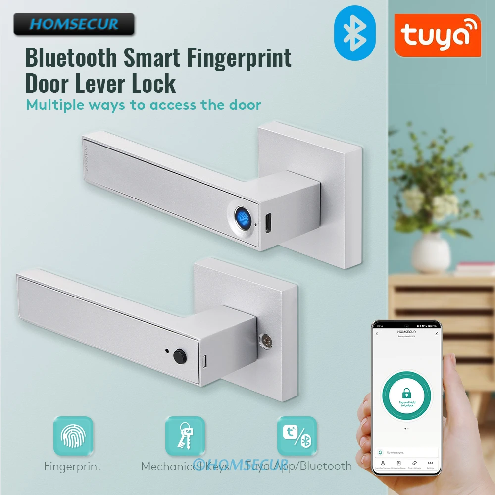 HOMSECUR Biometric Fingerprint Door Lock with 60/70mm Latch Bluetooth Smart Lock Tuya App Remote Unlocking for Hotel/Bedroom