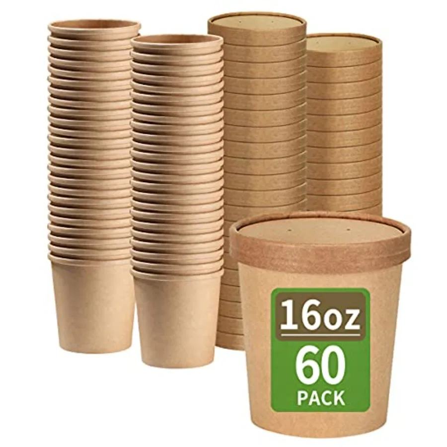

60 Pack 16 oz Paper Food Containers with Lids, Ice Cream Pint Containers, 16 oz Disposable Soup Containers Paper Freezer Contai