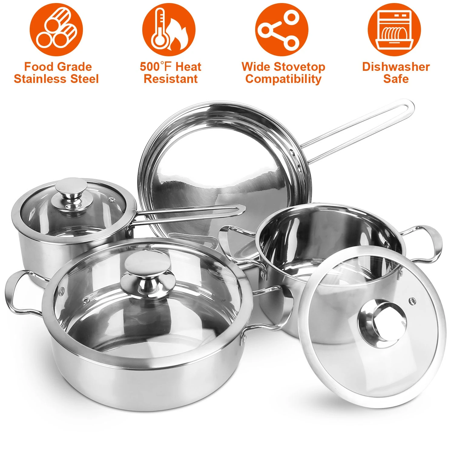 Stainless Steel Cookware Set Fast Even Heat Induction Pots Pans Set Dishwasher Safe with 2.7/3.7 Quart Stockpot 2 Quart Saucepa