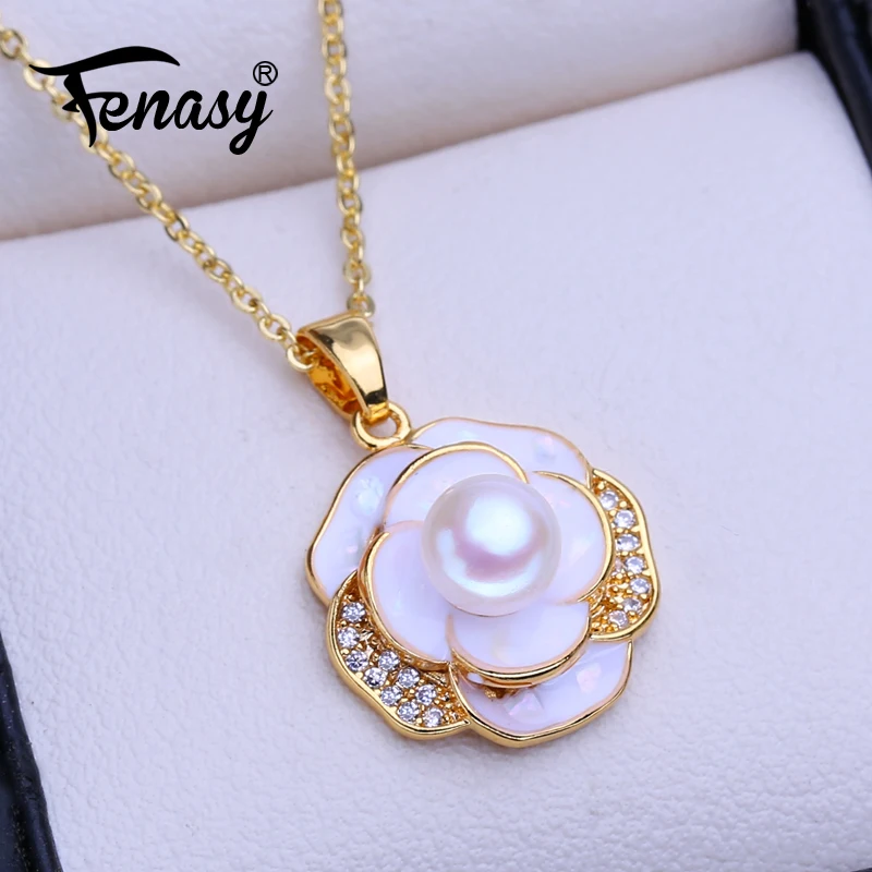 FENASY Natural Freshwater Pearl Necklaces Gold Color Flower Pendant Wedding Jewelry Fashion Gifts For Women Wholesale