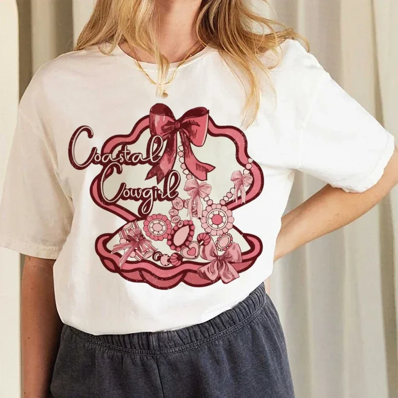 T-Shirt Coast Cowboy Bow Pattern Fashionable Printed Cartoon Sweet and Cute White Top Casual O-Neck Harajuku Women's T-Shirt