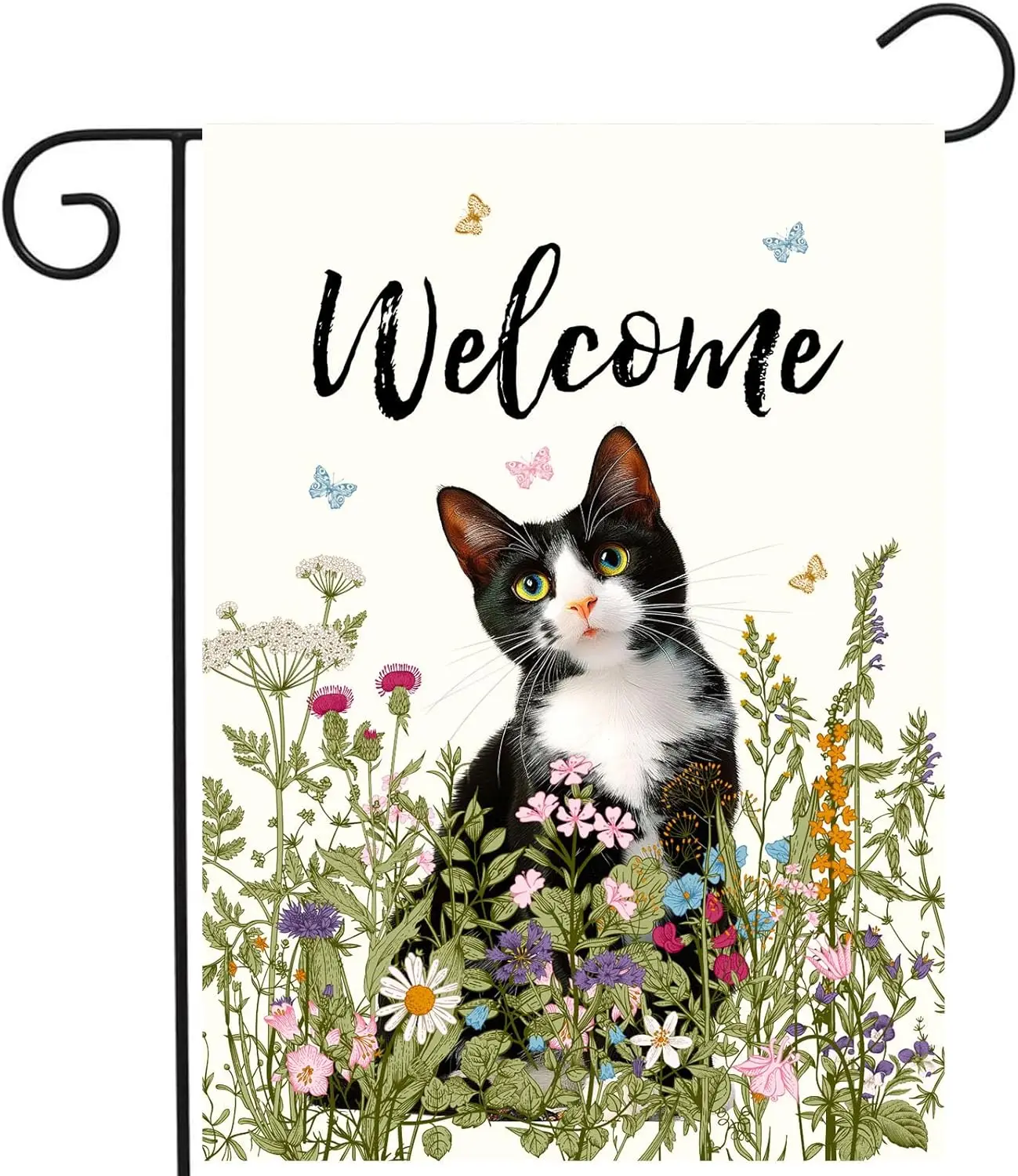 

Spring Cat Garden Flag Floral Tuxedo Cat Garden Flags for Outside Summer Flower Outdoor Flag Small Farmhouse Welcome Yard Flag 1