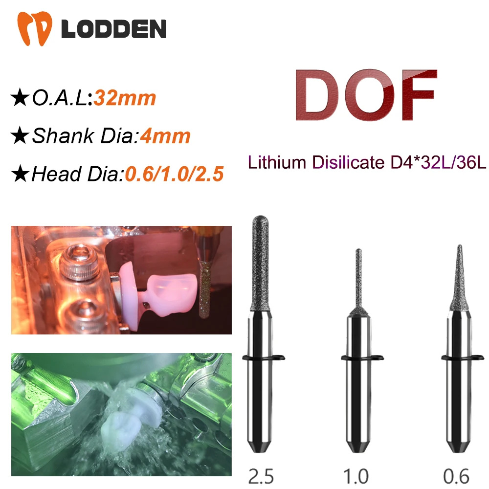 DOF-Fresa de molienda Dental de disilicato de litio, vástago D4, 32MM de longitud, 0,6/1,0/2,5 MM, herramienta de molienda Dental de cerámica de vidrio de corte