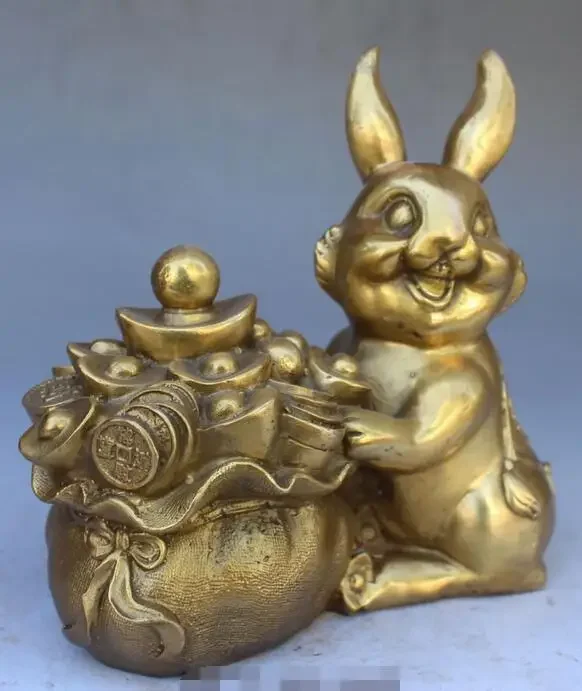 19CM Chinese Feng shui Bronze Wealth Yuanbao Hare Rabbit Coney Animal Statue