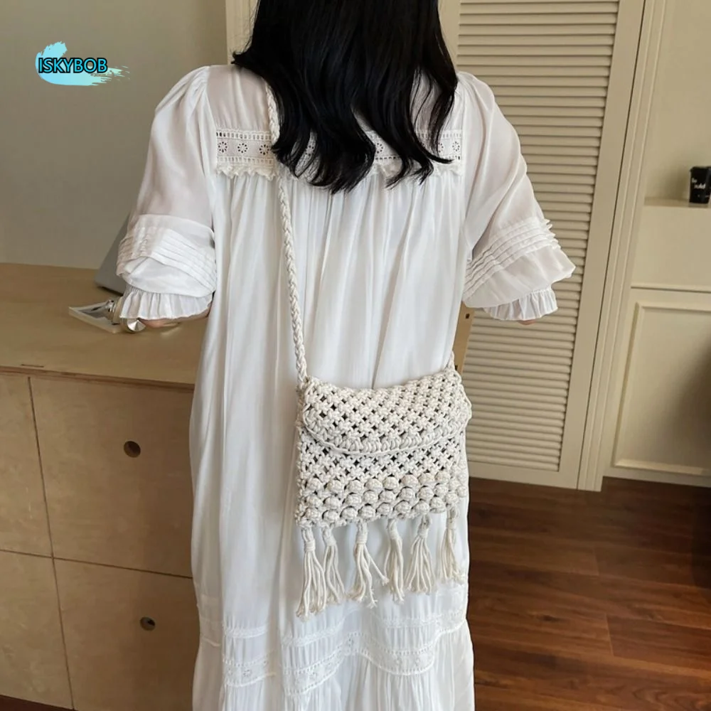 

Hollow Out Cotton Thread Woven Bag Crochet Beach Handbag Tassel Beach Bag Bucket Bag Large Capacity Hollow Shoulder Bag Summer