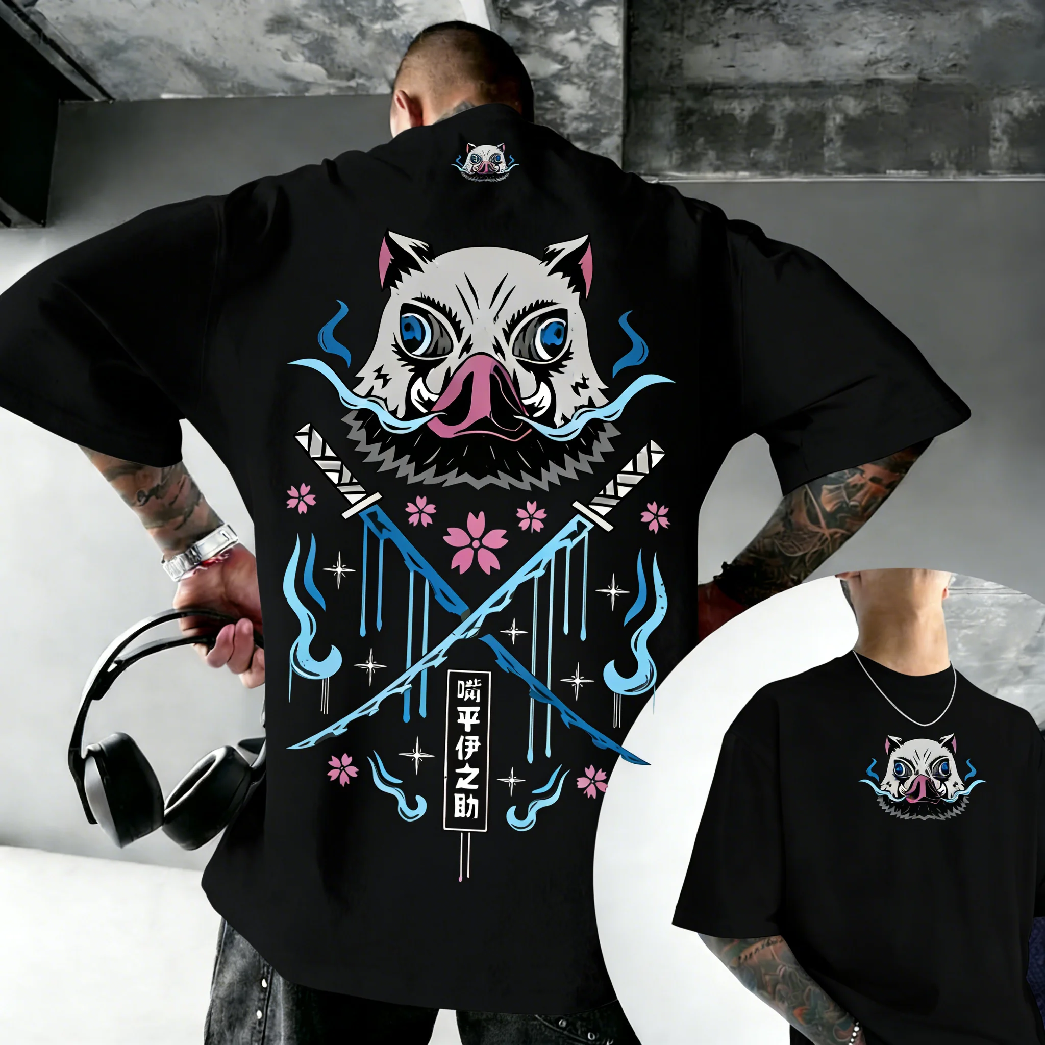 

Футболка с принтом Demon Slayer Inosuke в стиле аниме, оверсайз, летняя, для мужчин и женщин, уличная мода Y2K, повседневный топ для родителей и детей, стиль Харадзюку