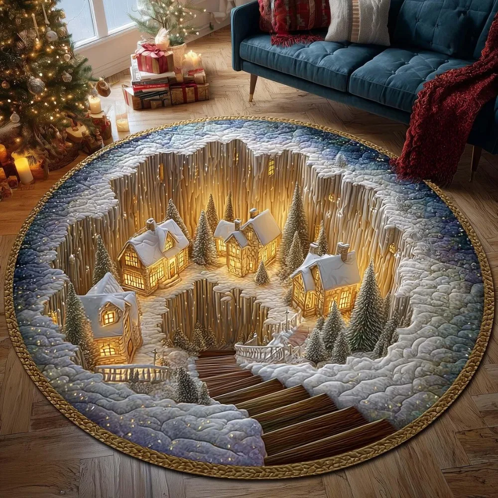 3D Fantasy Carousel Village Print Round Rug,Winter Village Illusion Rug, Fairytale Illusion Mat, Whimsical Storybook Area Rug