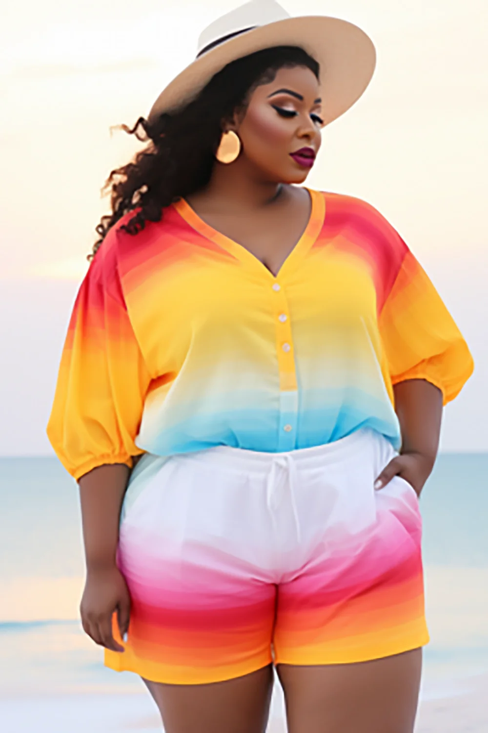 Plus Size Beach Casual Multicolor Gradient V Neck Lantern Sleeve Half Sleeve Button Pocket Two Piece Short Sets