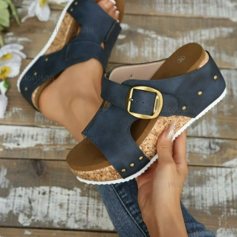 Women's Summer 2025 Slip-On Sandals Buckle Decor Wedge Soft Bottom Thick High Heel Outwear Mom Shoes Ladies Platforms Sandals