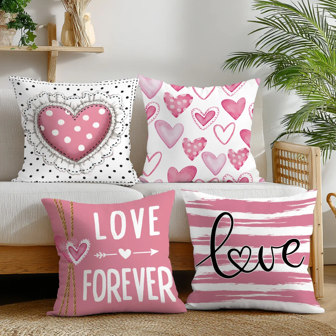 4 fundas  almohada corativas  corazón LOVE para el Día  San Valentín, acuadas para sofá o cama - Estampado unilateral