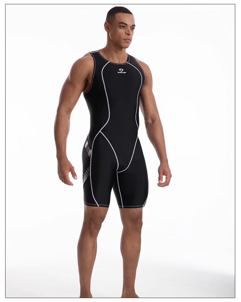 Schwarzer einteiliger Badeanzug, knielang, Renn-Badeanzug, männliches Schwimmoutfit, HXBY, für Männer und Frauen, professionelle sportliche Badebekleidung – Detail 7