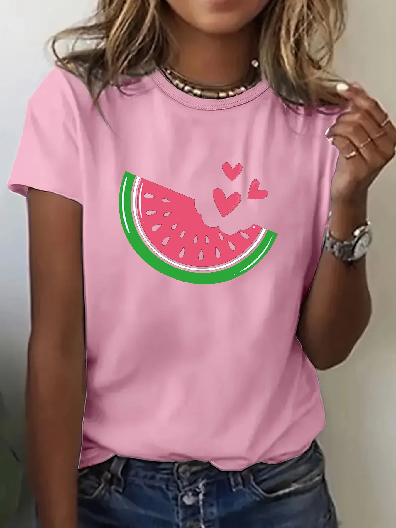 Watermelon Heart Women T Shirt Summer Fashion Short Sleeved T-shirt Tee Tops Printed O-neck Casual T-shirt Women\'s Clothing