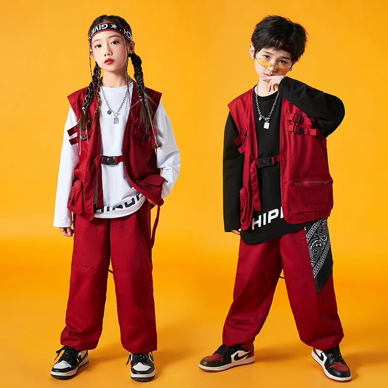 Vêtements de Performance de brevHip Hop pour Enfants, Costumes de Défilé de Scène Jazz, viser Rouges pour Bol et Garçons