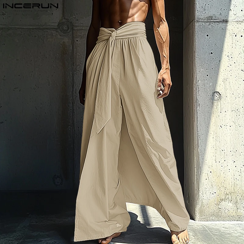 

INCERUN Men Pants Solid Color Lace Up Joggers Loose Casual Wide Leg Trousers Men 2025 Elastic Waist Pleated Pants Streetwear