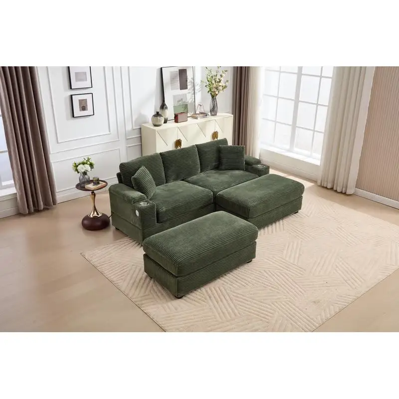 طقم سرير أريكة مقطعي قابل للتحويل مع مسند للذراعين، حامل أكواب من الفولاذ المقاوم للصدأ، منافذ USB، مقعد عميق منجد