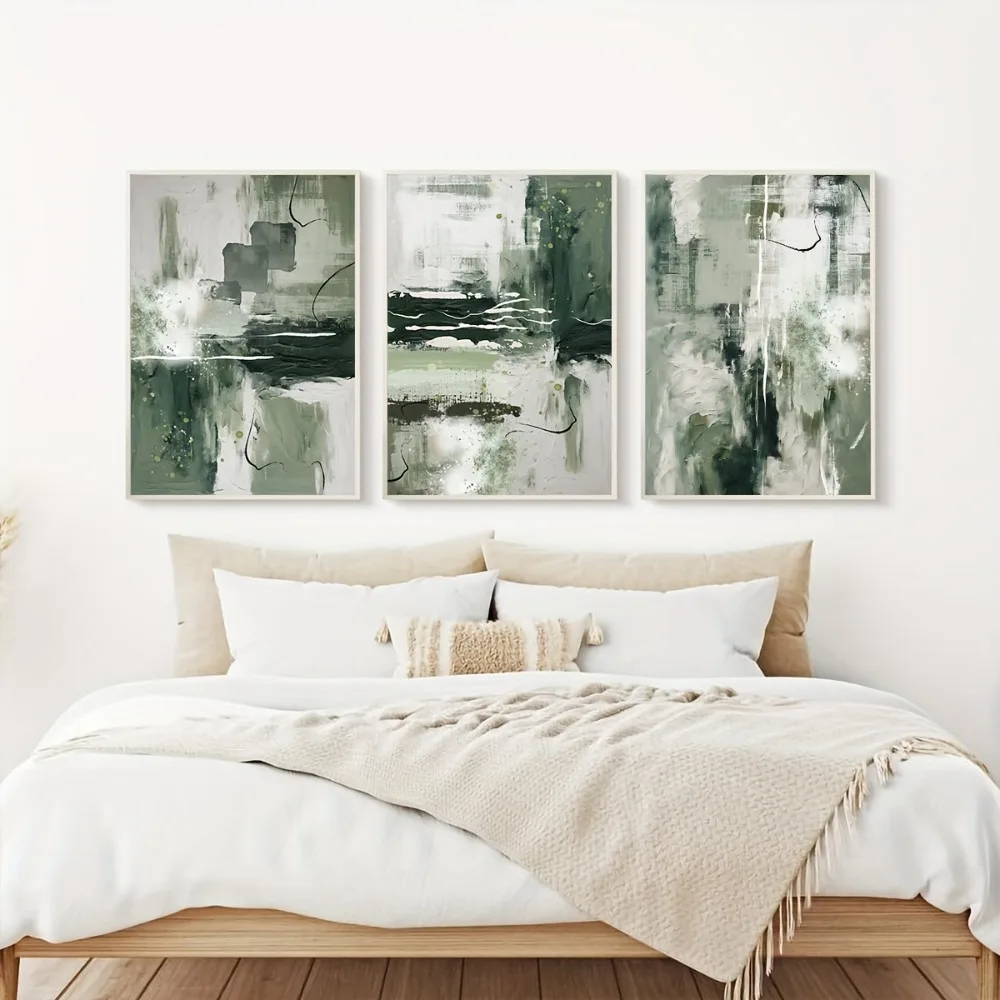 3pcs Frameless Modern Minimalist Bohemian Abstract Canvas Printing,Green for Home Office,Living Room and Bedroom,Decor Posters