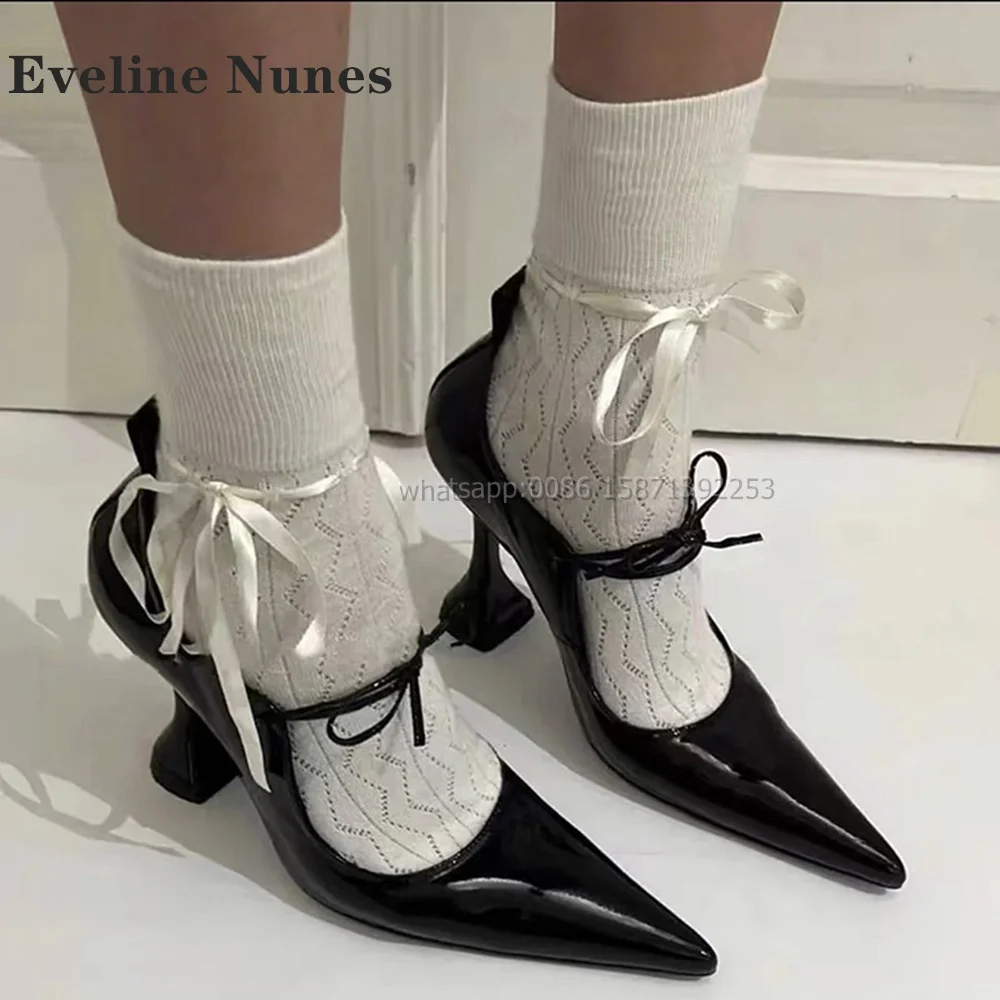 Cross Tied Wine-Glass Sandals Pointed Toe Shallow Black Side Air Cover Heel Mary Janes Elegant Captivating Women Heels 2024 Sexy