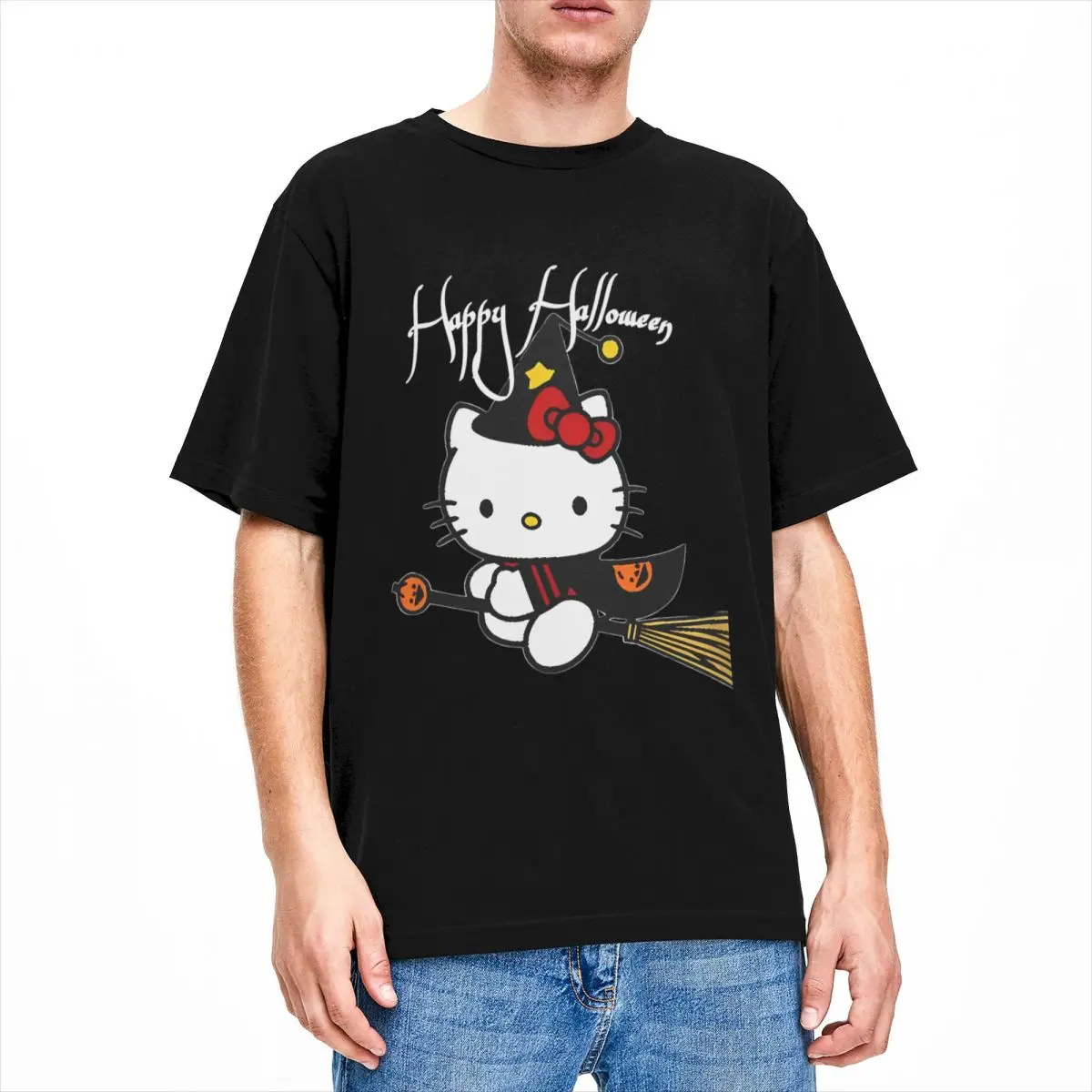 Halloween Kawai Ghost Funny Hello Kitty T-Shirt Novelty T-Shirts Short Sleeve  Tshirt Beach 100% Cotton O-Neck Plus Size Tees