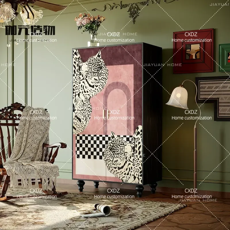 French Retro Leopard Print Solid Wood Drawer Wardrobe High End Bedside Storage Cabinet Living Room Decorative Vertical