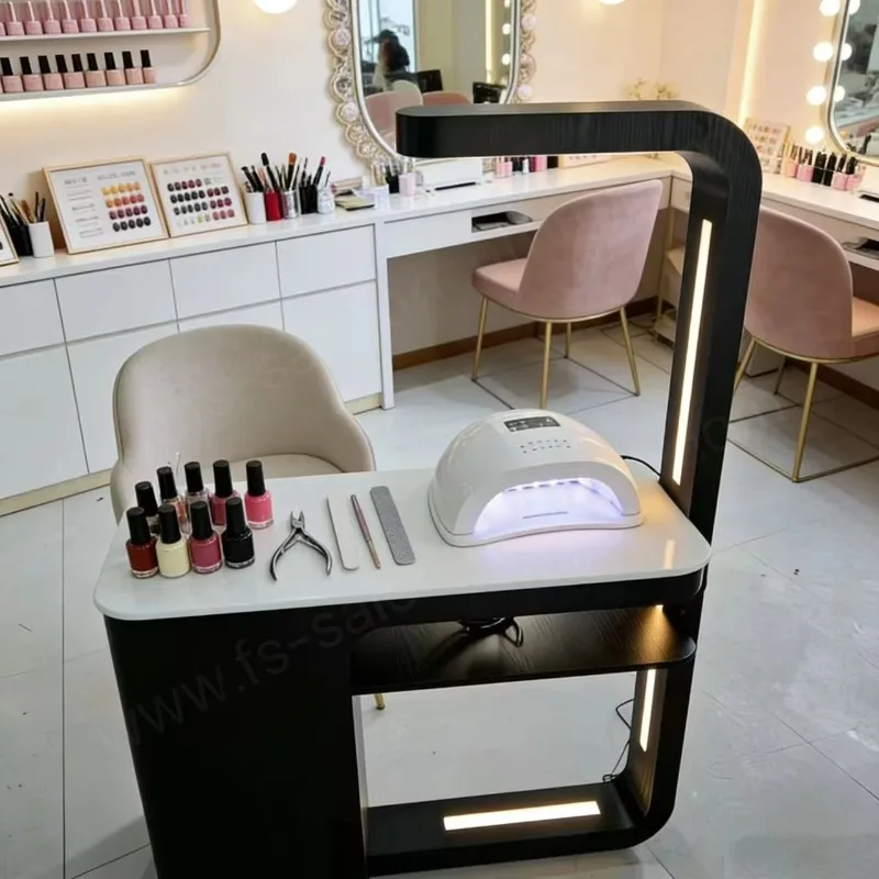 Salon Nail Desk Solid Wood LED Nail Big Storage Professional Beauty Manicure Table Set Manicure Furniture Luxury Table