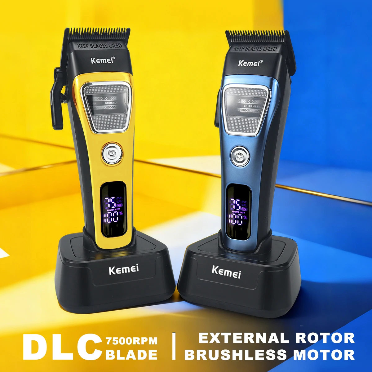 Kemei KM-1911 Men's Hair Clipper DLC Blade External Rotor Brushless Motor Base Charger LED Display Professional Haircut Machine