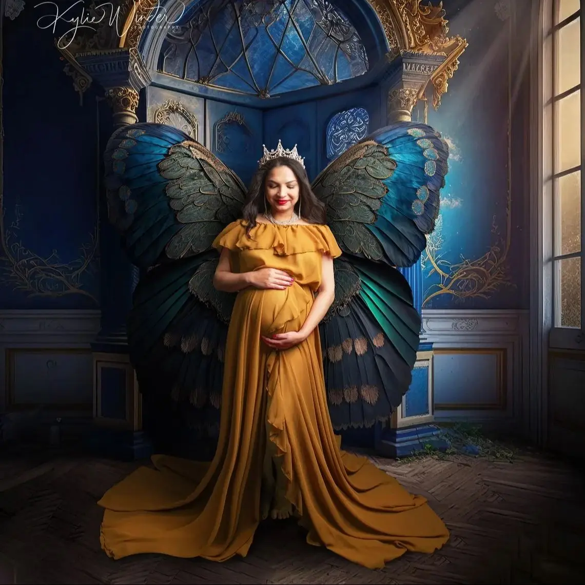 

Gold A Line Maternity Robes Off Shoulder Ruffles Pregnant Women Photography Dresses Sweep Train Customized Baby Shower Gowns