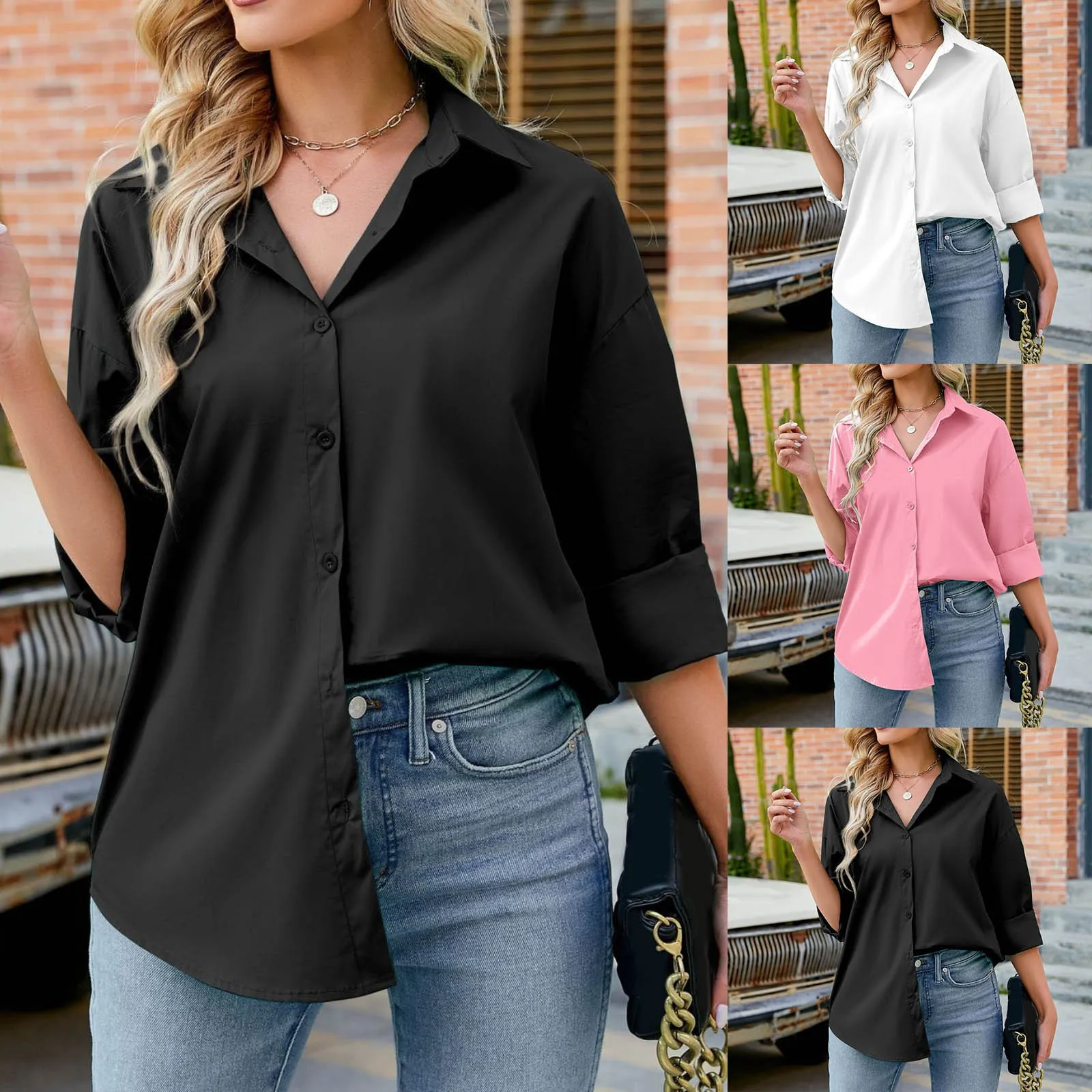 

Womens Dressy Button Down Shirts Casual Flower Street Wear Blouse Tops For Spring Autumn Beachwear Baggy Turn Down Collar