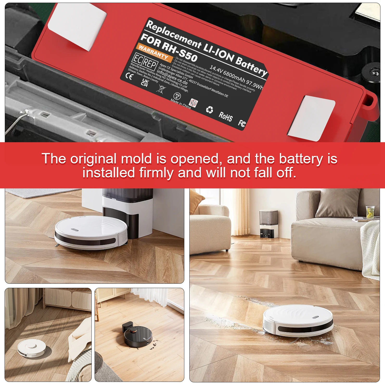 14,4V 6800mAh Ersatzakku für Xiaomi S50, kompatibel mit Roborock S55 S60 S65 S50 S51 S5 1S Staubsauger, wiederaufladbarer Akku – Detail 6